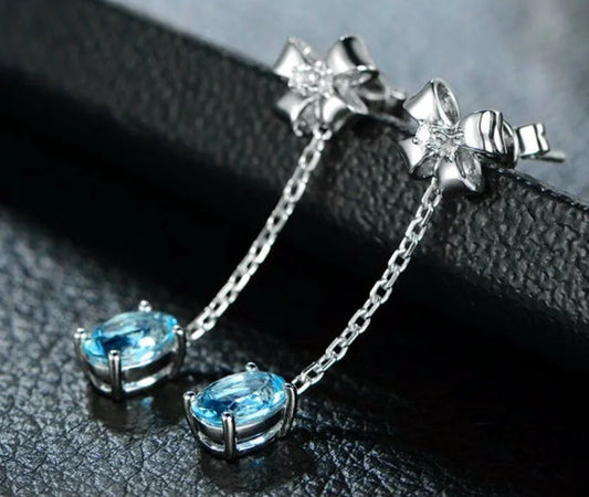 Blue Crystal Bow Drop Earrings