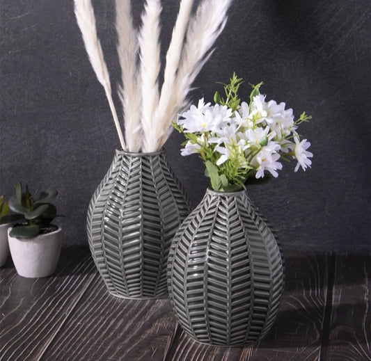 Set Of 2 Ceramic Leaf Inspired Vases