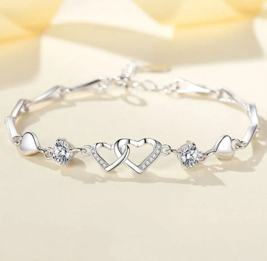 Crystal Double Heart Linked Charm Bracelet
