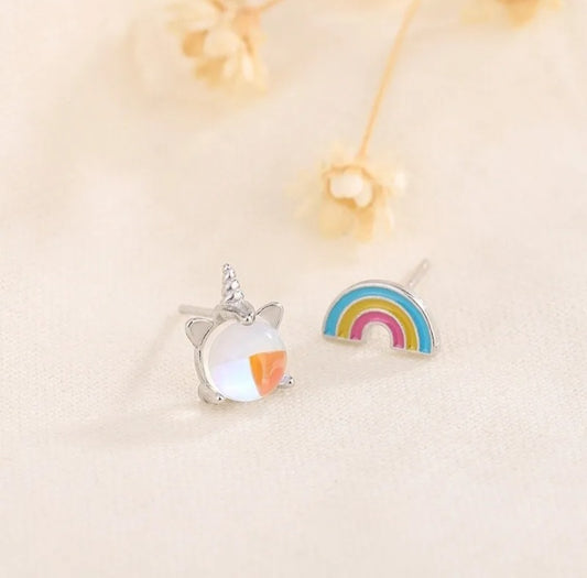 Silver Rainbow Unicorn Stud Earrings