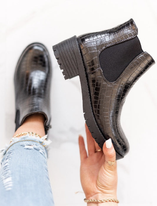 Black Patent Croc Boots
