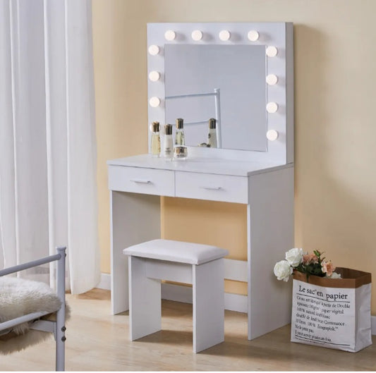 White Modern Dressing Table with LED Lights & Stool