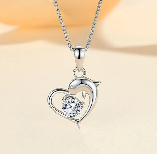 Crystal Heart Dolphin Pendant Necklace
