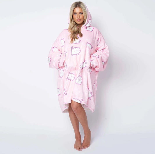 Pink Cat Hoodied Blanket