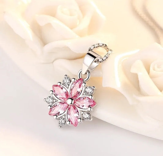 Pink Crystal Flower Pendant Necklace