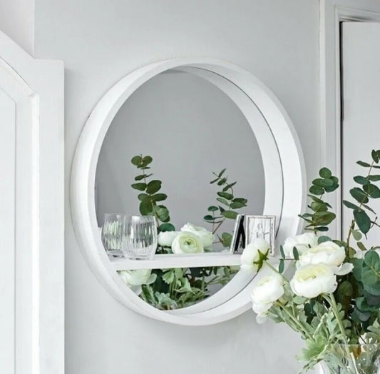 White Round Mirror with Shelf