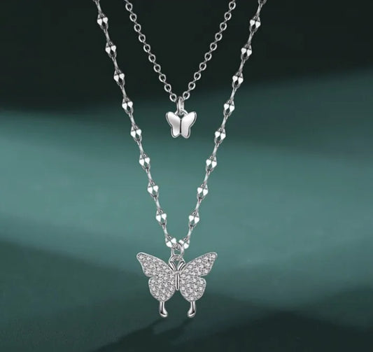 Double Crystal Butterfly Chain Necklace