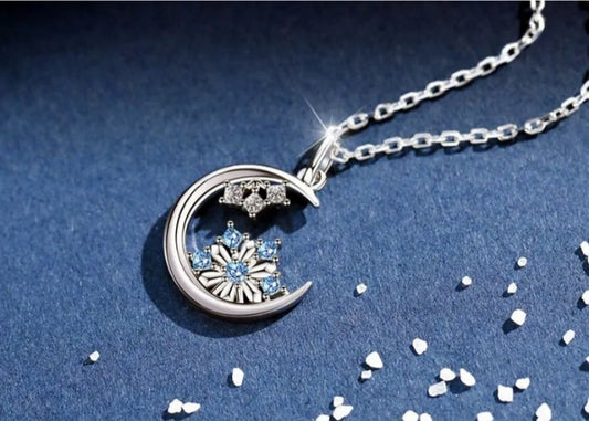 Crystal Snowflake Moon Pendant Necklace