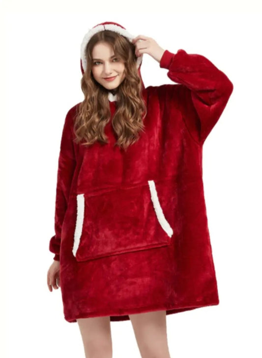 Red Soft Fleece Hoodied Blanket